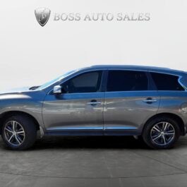 A gray 2016 Infiniti QX60 AWD with tinted windows is parked indoors on a circular platform. The background is plain white, featuring the BOSS AUTO SALES logo and text above the vehicle.