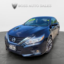 A 2016 Nissan Altima 2.5 SV is showcased at an angle in a showroom with BOSS AUTO SALES on the wall and a green sticker on the windshield, highlighting its front and side view.