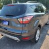 A 2018 Ford Escape SEL 4WD in dark gray with LOADED 8505 4WD on the license plate area is parked outdoors on a sunny day, surrounded by other cars and green trees, highlighting its stylish design.