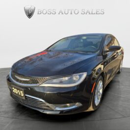 A black 2015 Chrysler sedan is displayed in a showroom with Boss Auto Sales logo above it. The car is angled to show the front and drivers side, with clear headlights and chrome accents visible.