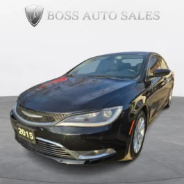 A black 2015 Chrysler 200 Limited sedan is displayed in a circular showroom with the Boss Auto Sales logo overhead and a neutral background, highlighting the sleek design of the 2015 Chrysler 200 Limited.