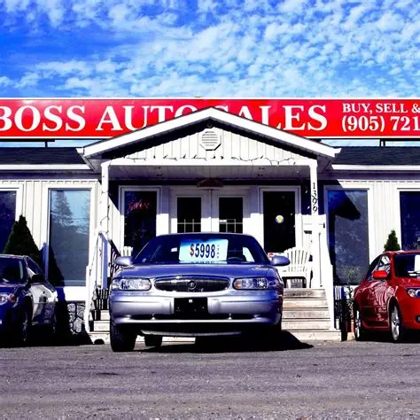 A silver car with a $5998 price sign is parked in front of a white auto dealership building with a red BOSS AUTO SALES sign and two other cars, under a bright blue sky.
